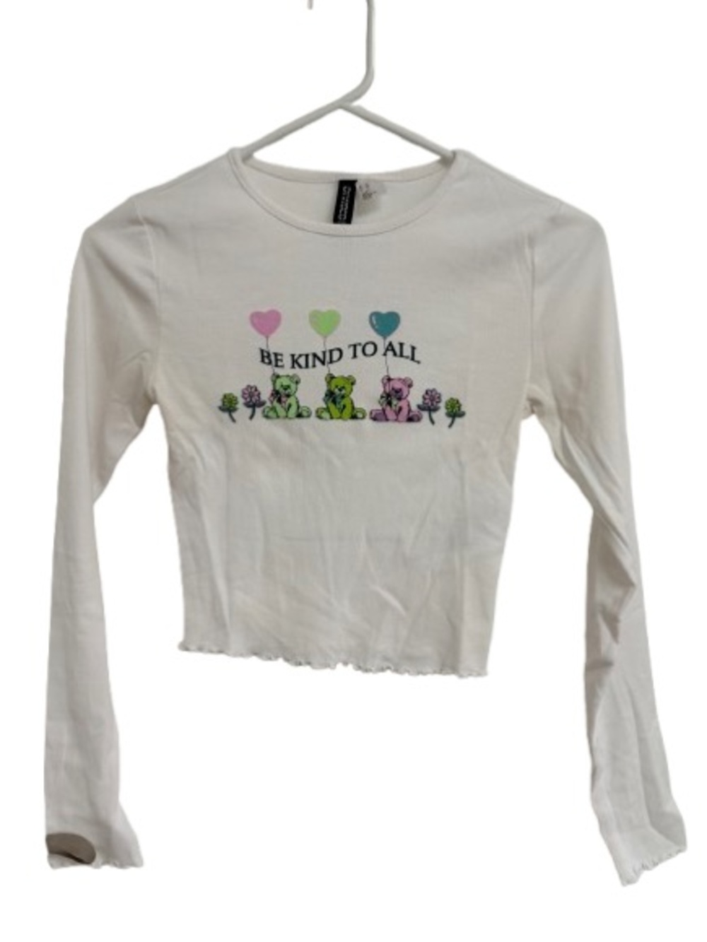 H&M White Long Sleeve Tee with Pastel Heart & Bear Motif